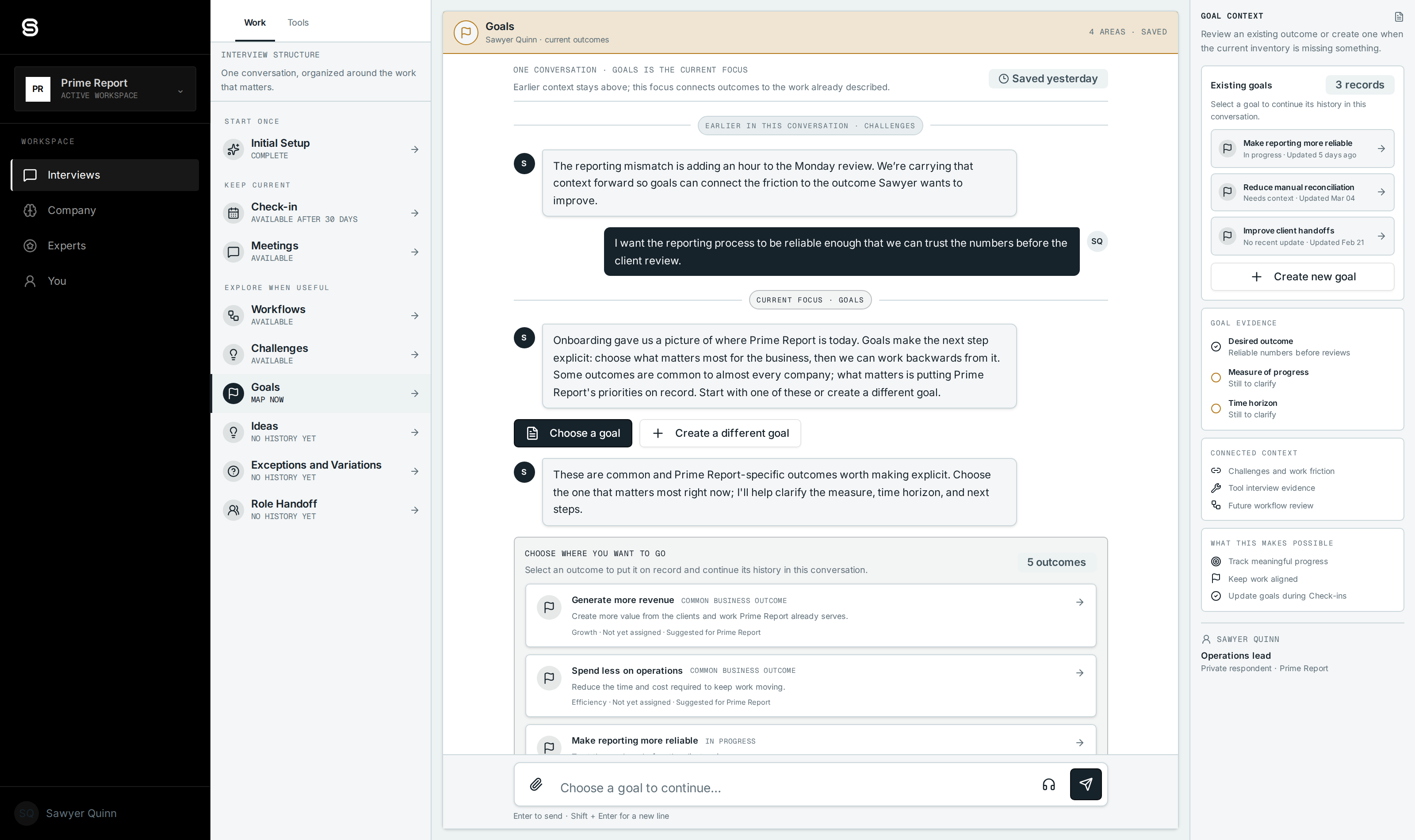 The Startedby Goals interview showing a conversation, grouped interview topics, suggested outcomes, and goal context for a fictional company.